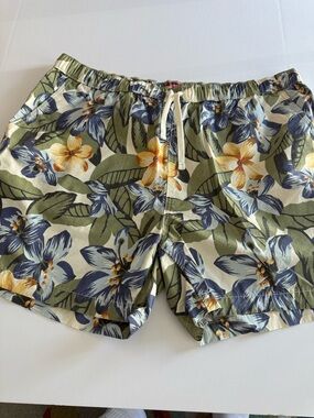 Levi's Olive Floral Swim Trunks with Blue and Yellow Blooms